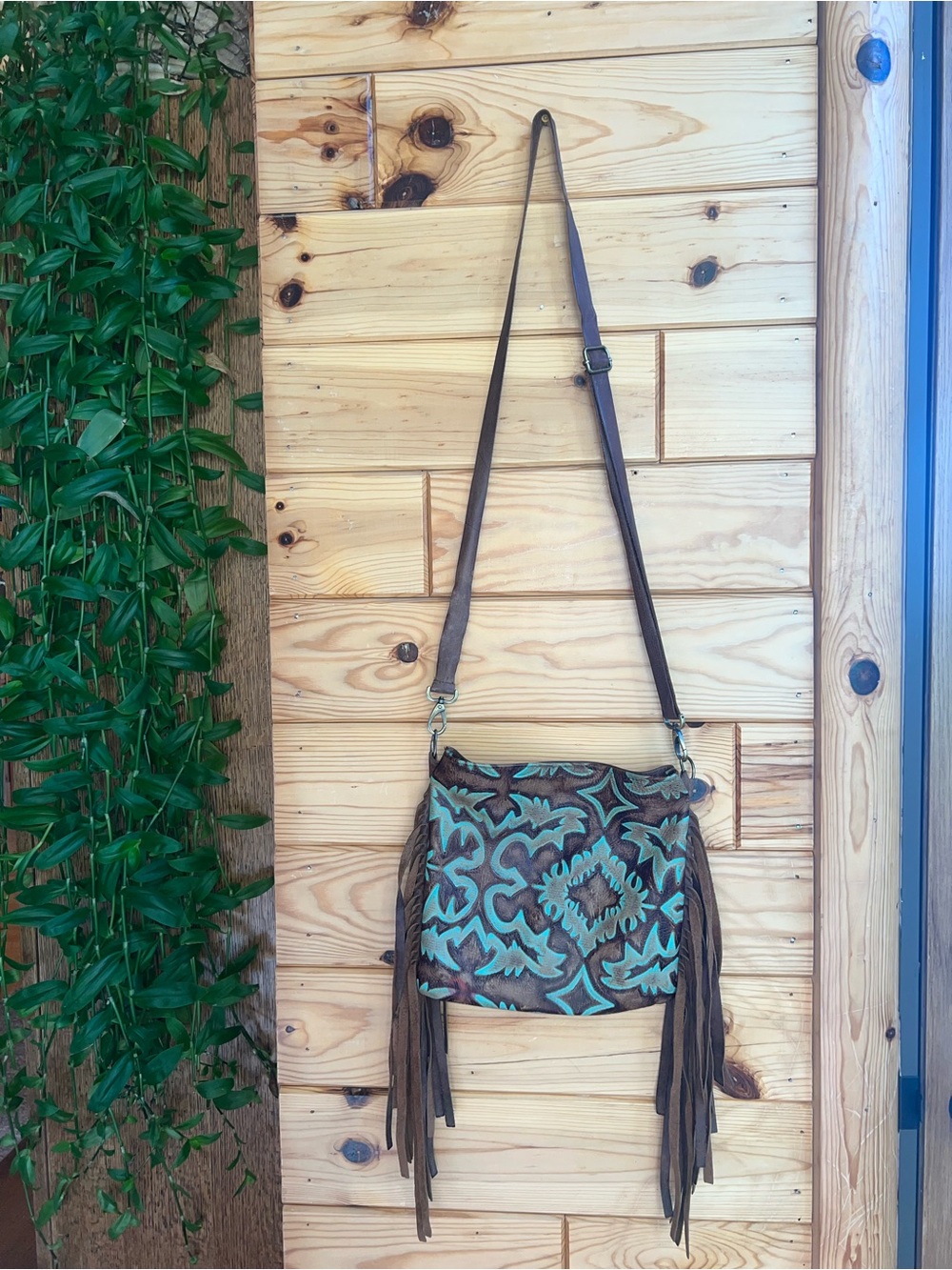 Handmade Western Stamped Turquoise Leather Crossbody with Fringe